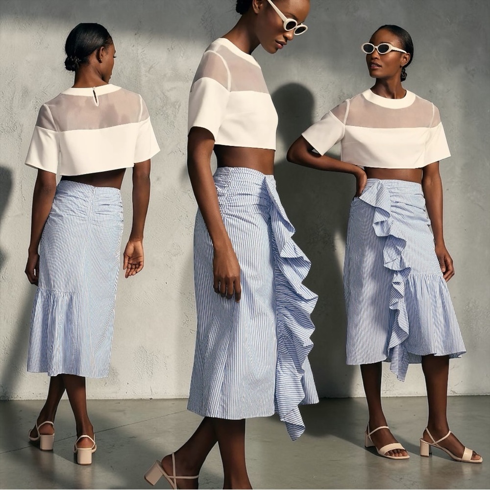 Anthropologie Maeve Women’s Ruffled White/Blue Striped Poplin Skirt Size 6